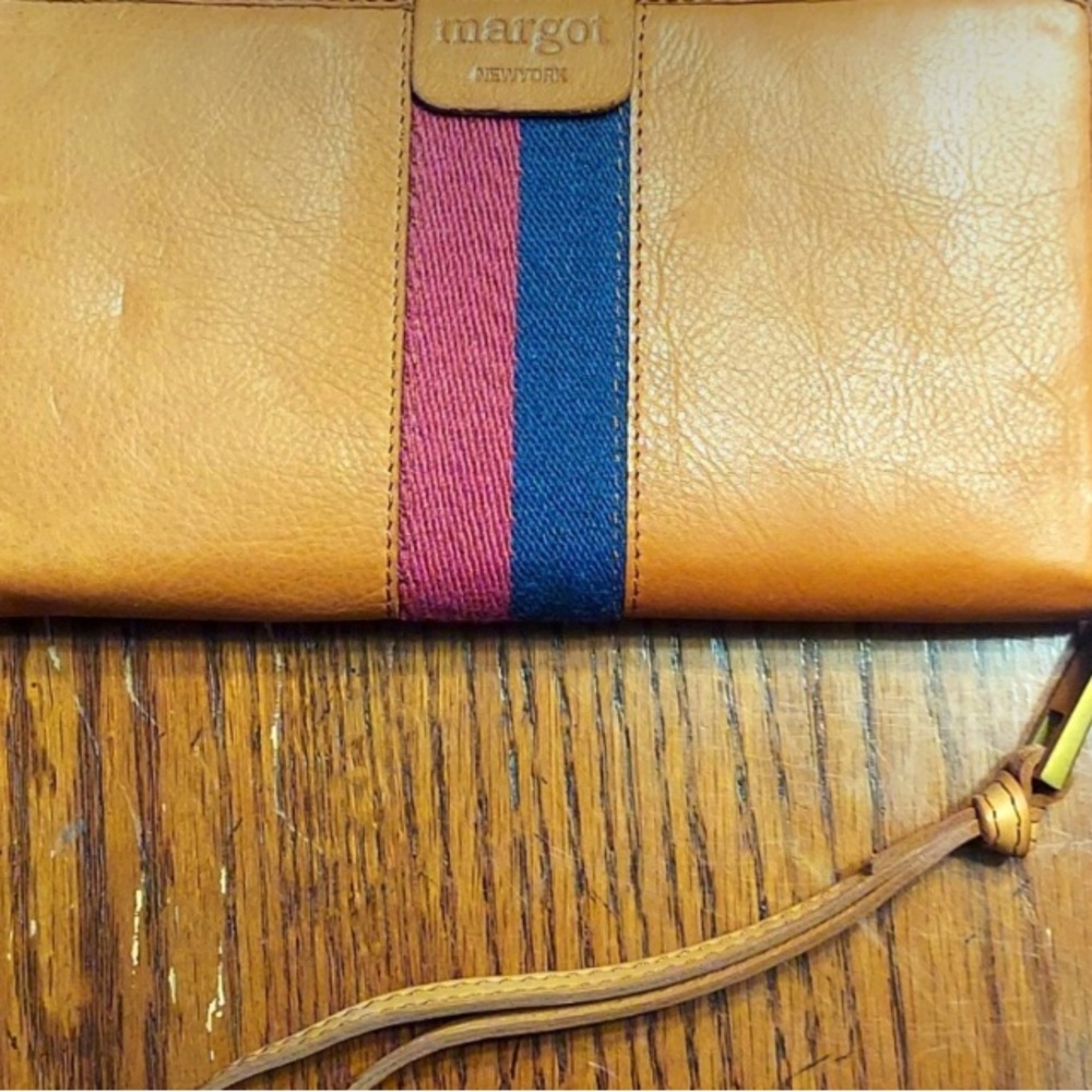 Margot New York Leather Wristlet with Red and Tan Accents